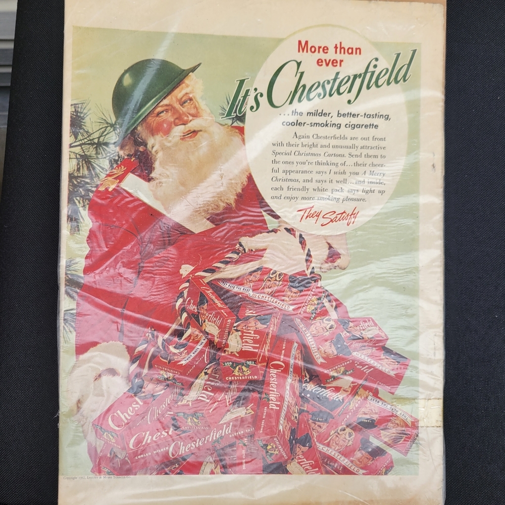 Vintage 1942 Chesterfield Cigarette Christmas Santa Claus Magazine Ad ~ WWII era